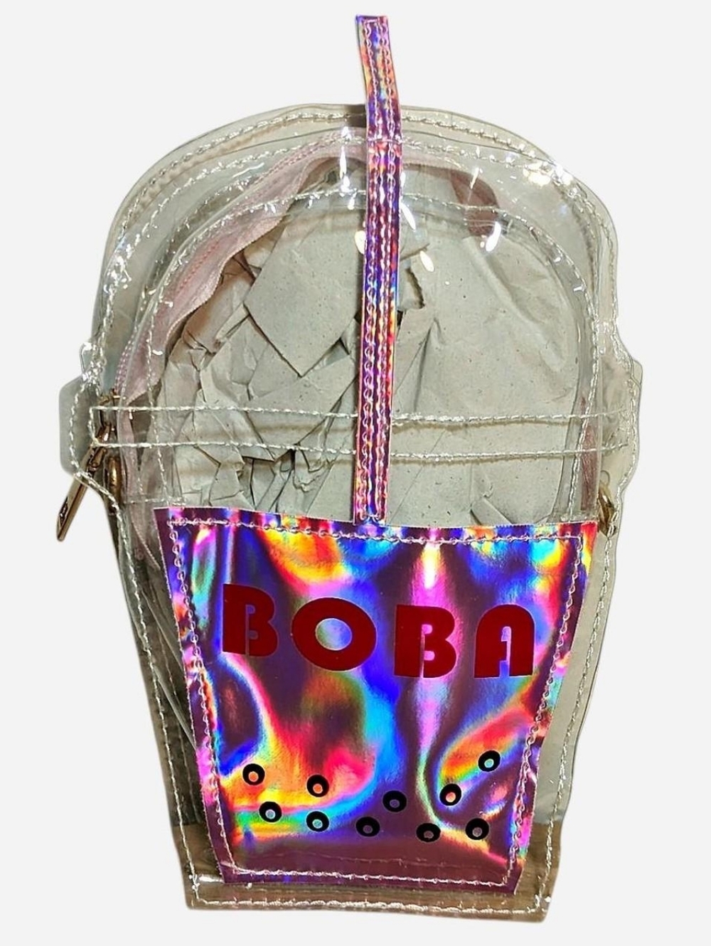 Pink Holographic Boba Bubble Tea Clear Crossbody Purse Iridescent Shoulder Bag